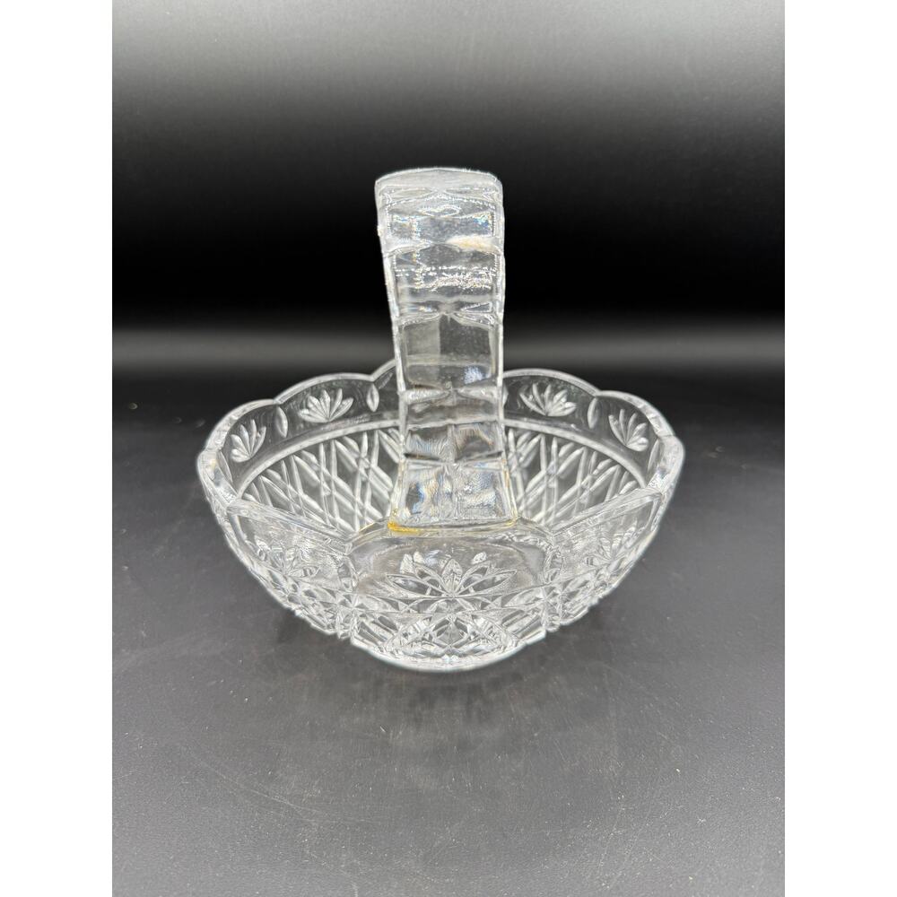 Vintage Lead Crystal Glass Basket w/ Scalloped Edge and Wide Handle-7”